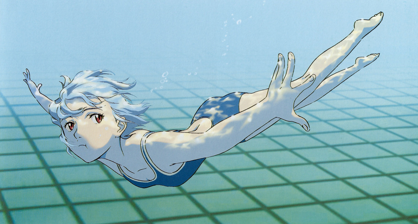 :t absurdres ayanami_rei barefoot blue_hair blue_swimsuit breasts bubble caustics foreshortening from_side hands highres holding_breath neon_genesis_evangelion one-piece_swimsuit outstretched_arms pale_skin pool red_eyes scan short_hair small_breasts solo spread_arms swimming swimsuit tsurumaki_kazuya underwater