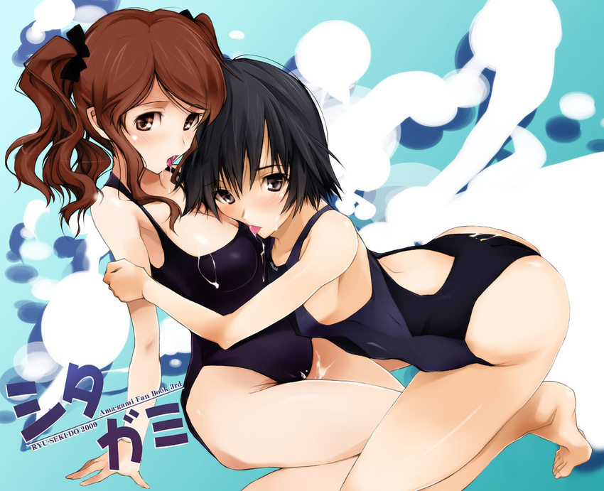 amagami black_hair brown_hair competition_swimsuit cum error facial hug implied_bisexual multiple_girls nagare_hyougo nakata_sae nanasaki_ai one-piece_swimsuit saliva short_hair swimsuit tongue twintails yuri