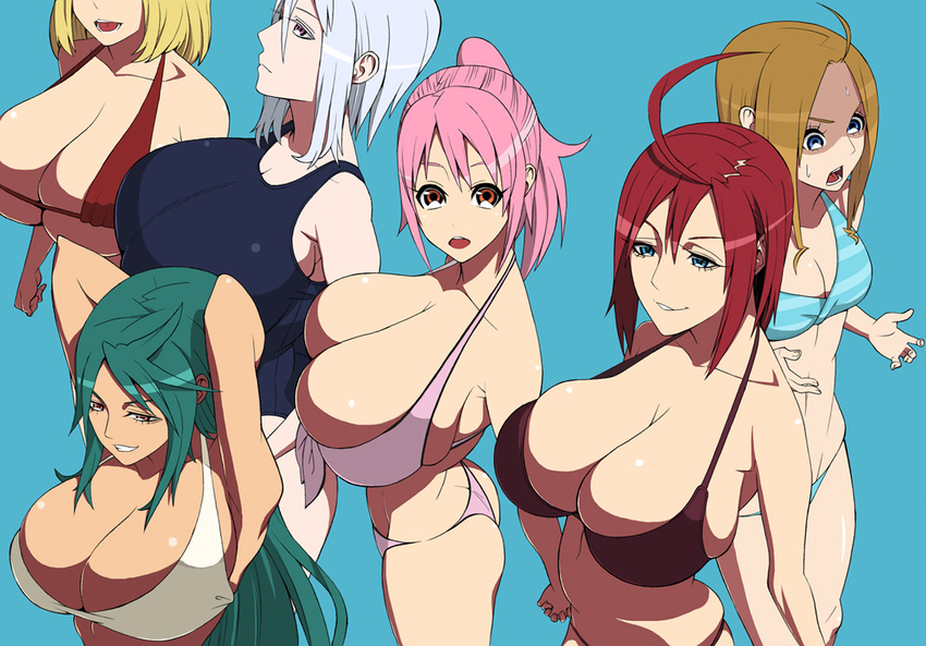 ahoge bad_id bad_pixiv_id bikini blonde_hair blue_eyes breast_envy breasts brown_hair cleavage copyright_request everyone green_hair hidarikiki huge_breasts long_hair multiple_girls orange_eyes pink_eyes pink_hair red_hair silver_hair swimsuit