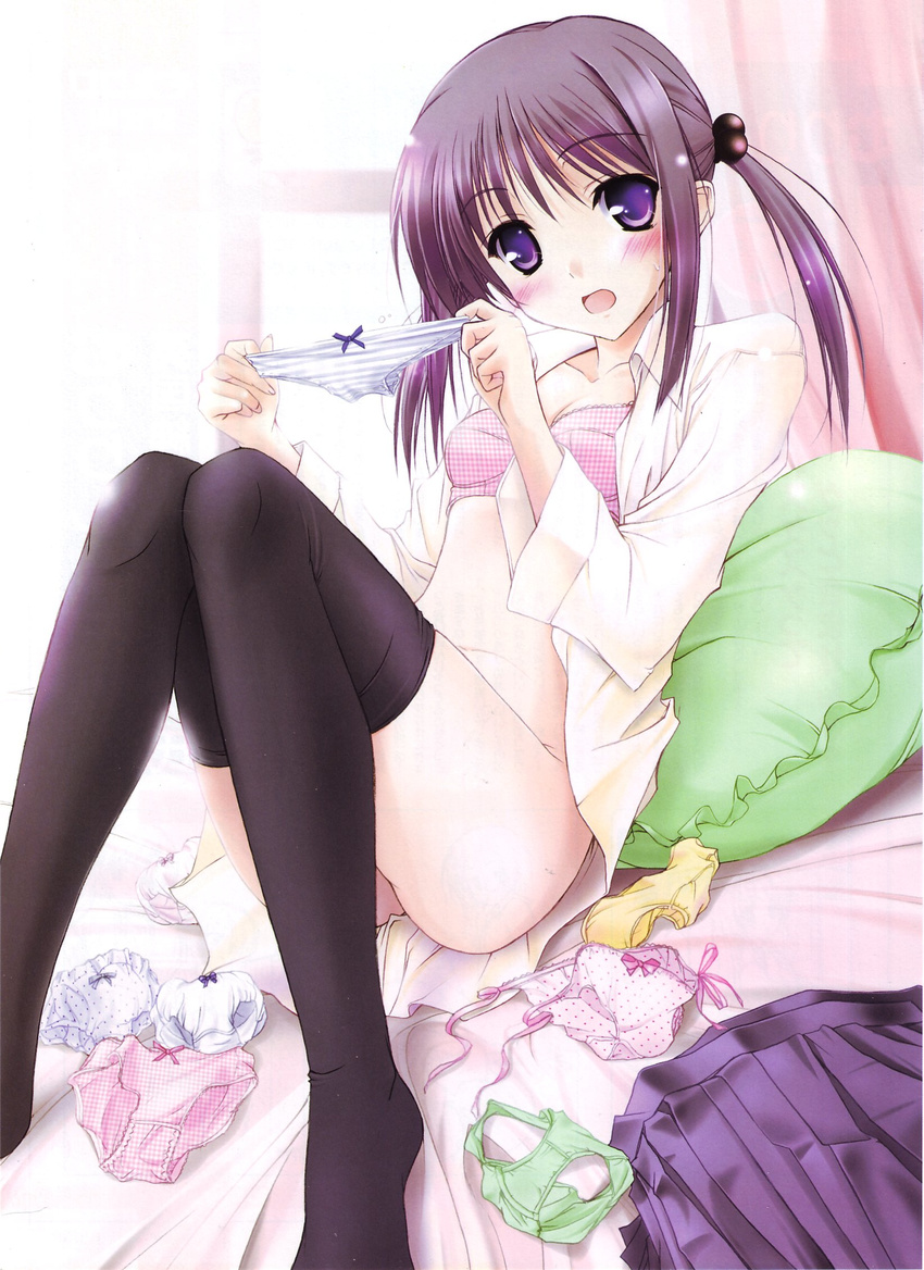 bed blush bottomless bra flat_chest hair_bobbles hair_ornament highres komori_kei legs lingerie multiple_panties no_panties open_clothes open_mouth open_shirt original panties pillow polka_dot polka_dot_panties purple_eyes purple_hair shirt side-tie_panties sitting solo striped striped_panties thighhighs twintails underwear undressing