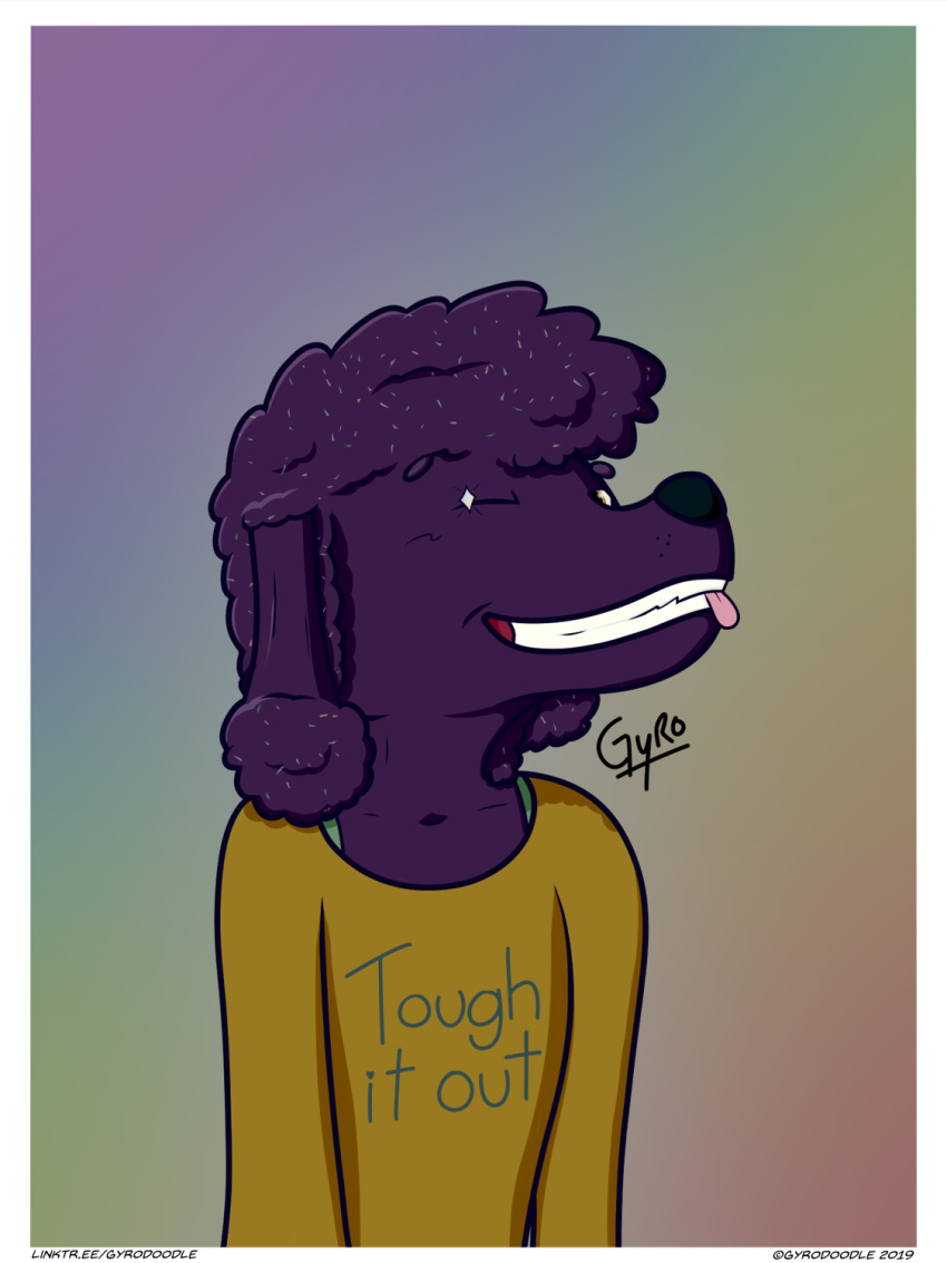 2019 abstract_background ambiguous_gender anthro brown_eyes canid canine canis clothed clothing dark_fur digital_media_(artwork) domestic_dog eyebrow_dots fur gyrodoodle hair hi_res looking_at_viewer mammal poodle simple_background smile solo spark_(gyrodoodle) standing tongue tongue_out