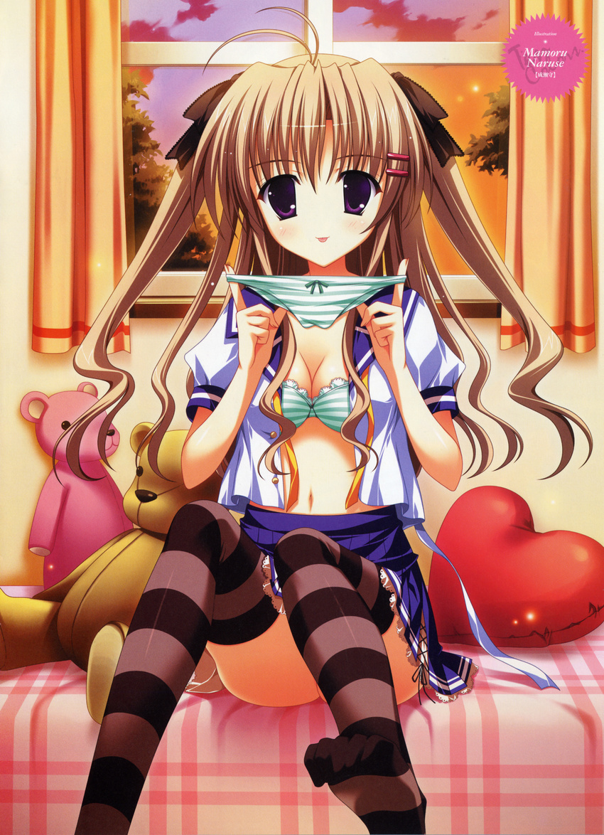 :p absurdres bra brown_hair copyright_request feet heart highres holding holding_panties lingerie naruse_mamoru navel open_clothes open_shirt panties petticoat purple_eyes school_uniform shirt solo striped striped_bra striped_panties stuffed_animal stuffed_toy teddy_bear thighhighs toe_scrunch tongue tongue_out twintails underwear