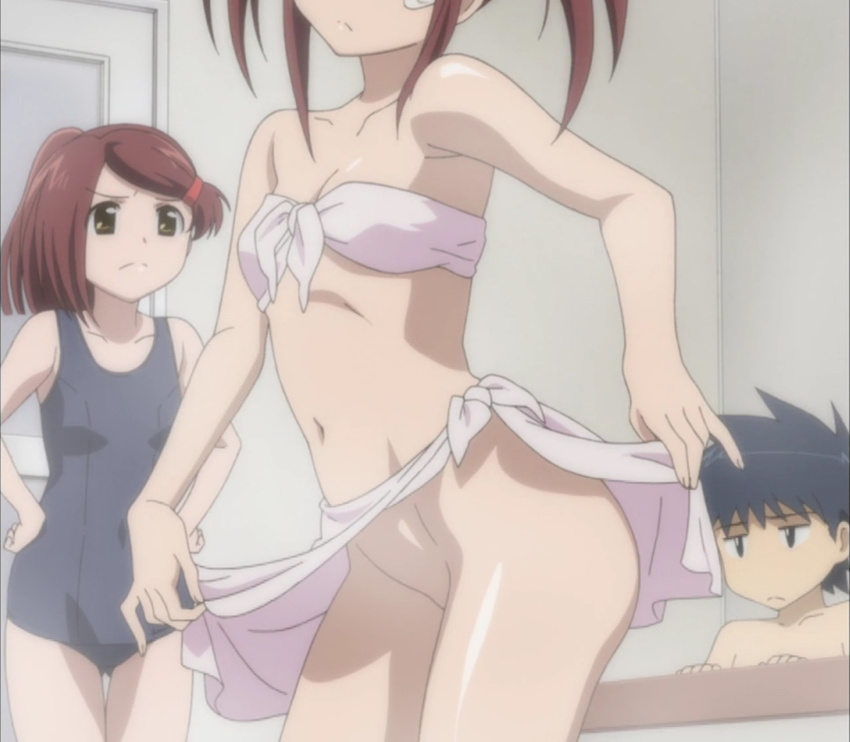 2girls armpits bare_shoulders bath bottomless brown_hair front-tie_top groin hair_ornament hairclip kiss_x_sis multiple_girls one-piece_swimsuit school_swimsuit screencap siblings sisters suminoe_ako suminoe_keita suminoe_riko swimsuit twins