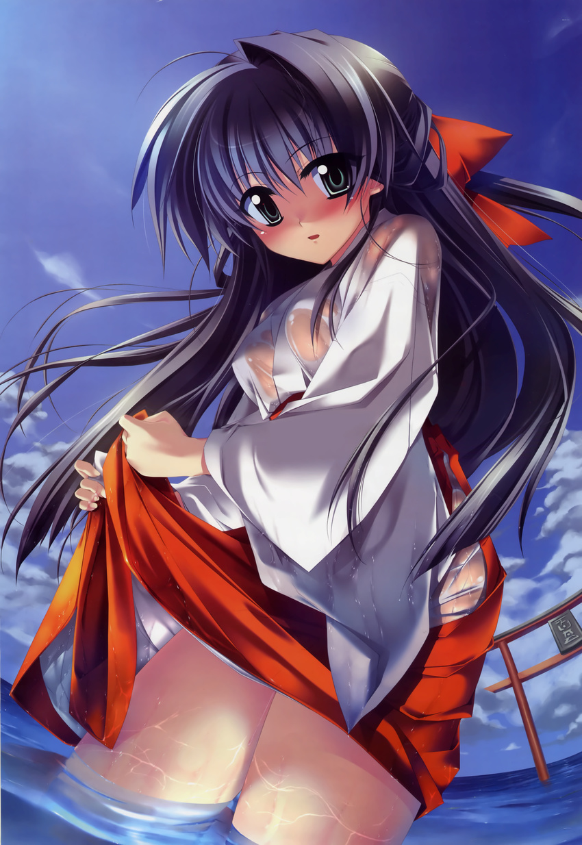 absurdres aqua_eyes asanagi_no_aquanauts beach blue_hair blush breasts day emoto_yuriko hair_ribbon highres japanese_clothes large_breasts long_hair miko outdoors ribbon see-through smile solo water wet wet_clothes yamino_kenji