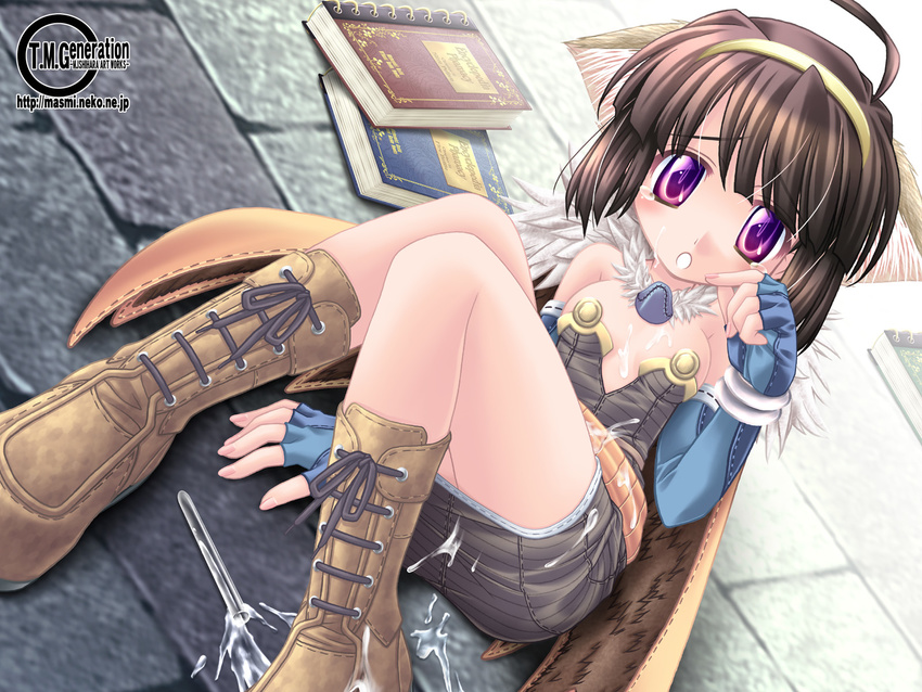 ahoge alchemist_(ragnarok_online) animal_ears arm_support armlet bangs bare_shoulders belt beltskirt black_hair blue_gloves blunt_bangs blush book boots bracelet breasts brown_footwear cape cat_ears center_opening cleavage clenched_hand dress dutch_angle fingerless_gloves fur_trim gloves hairband highres ishihara_masumi jewelry knees_together_feet_apart knees_up looking_at_viewer no_bra parted_lips purple_eyes ragnarok_online raised_eyebrows sexually_suggestive short_dress short_hair sideboob sitting small_breasts solo spill strapless strapless_dress suggestive_fluid tears test_tube tripping wallpaper wet wet_clothes wiping_tears