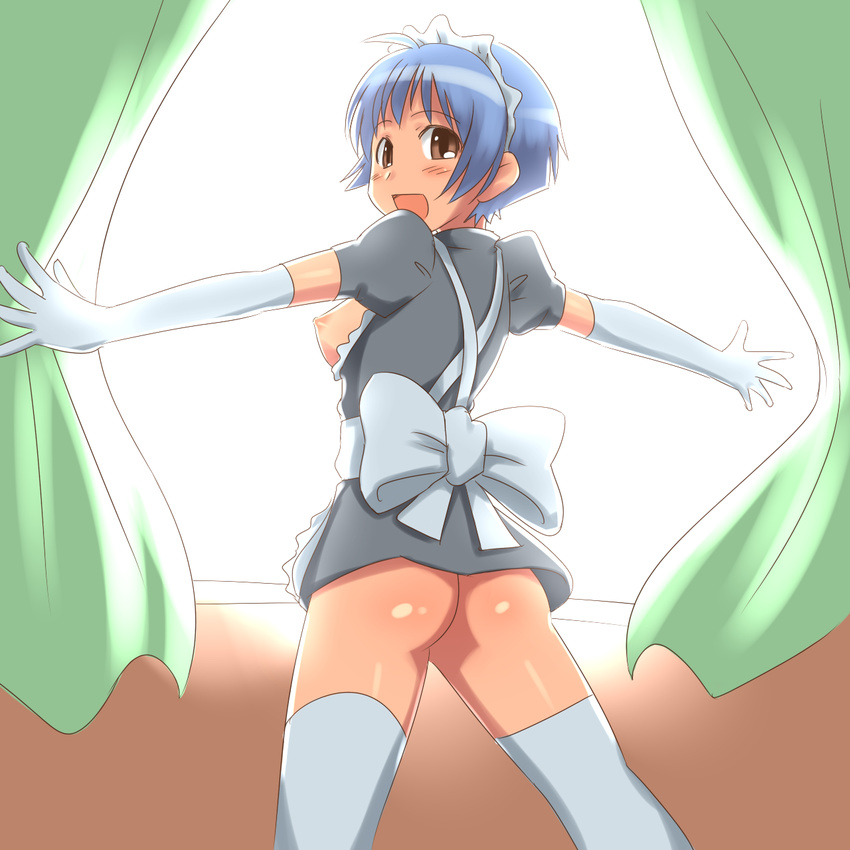 :d aaaa ass blue_hair bottomless breasts brown_eyes curtains elbow_gloves gloves highres looking_back maid medium_breasts nipples no_panties open_mouth original short_hair smile solo thighhighs window