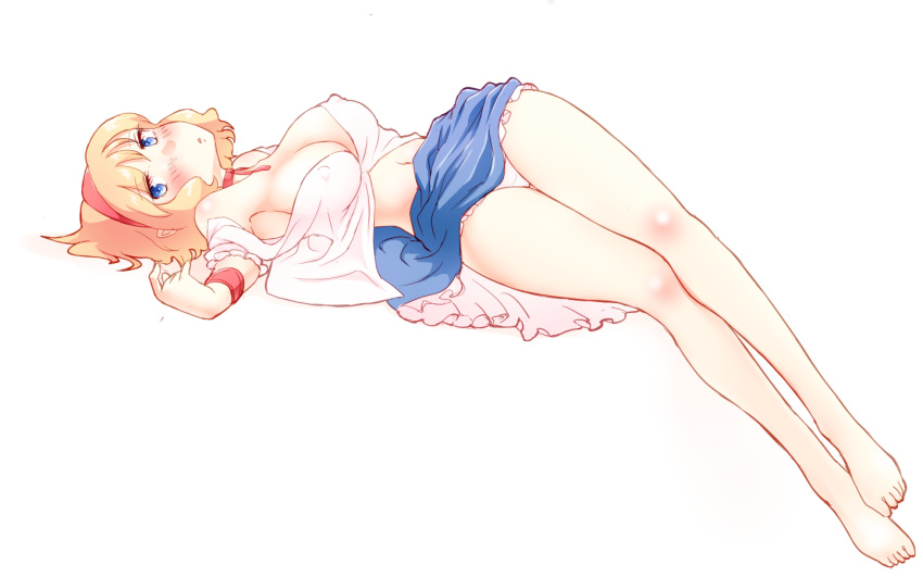 1girl alice_margatroid armpits bare_legs barefoot blonde_hair blue_eyes blue_skirt blush breasts erect_nipples frilled_skirt frills large_breasts legs lolita_fashion looking_at_viewer navel neck_ribbon non_(z-art) panties parted_lips puffy_short_sleeves puffy_sleeves ribbon shirt_pull short_sleeves simple_background skirt solo thighs touhou unbuttoned unbuttoned_shirt underwear upskirt white_background white_panties