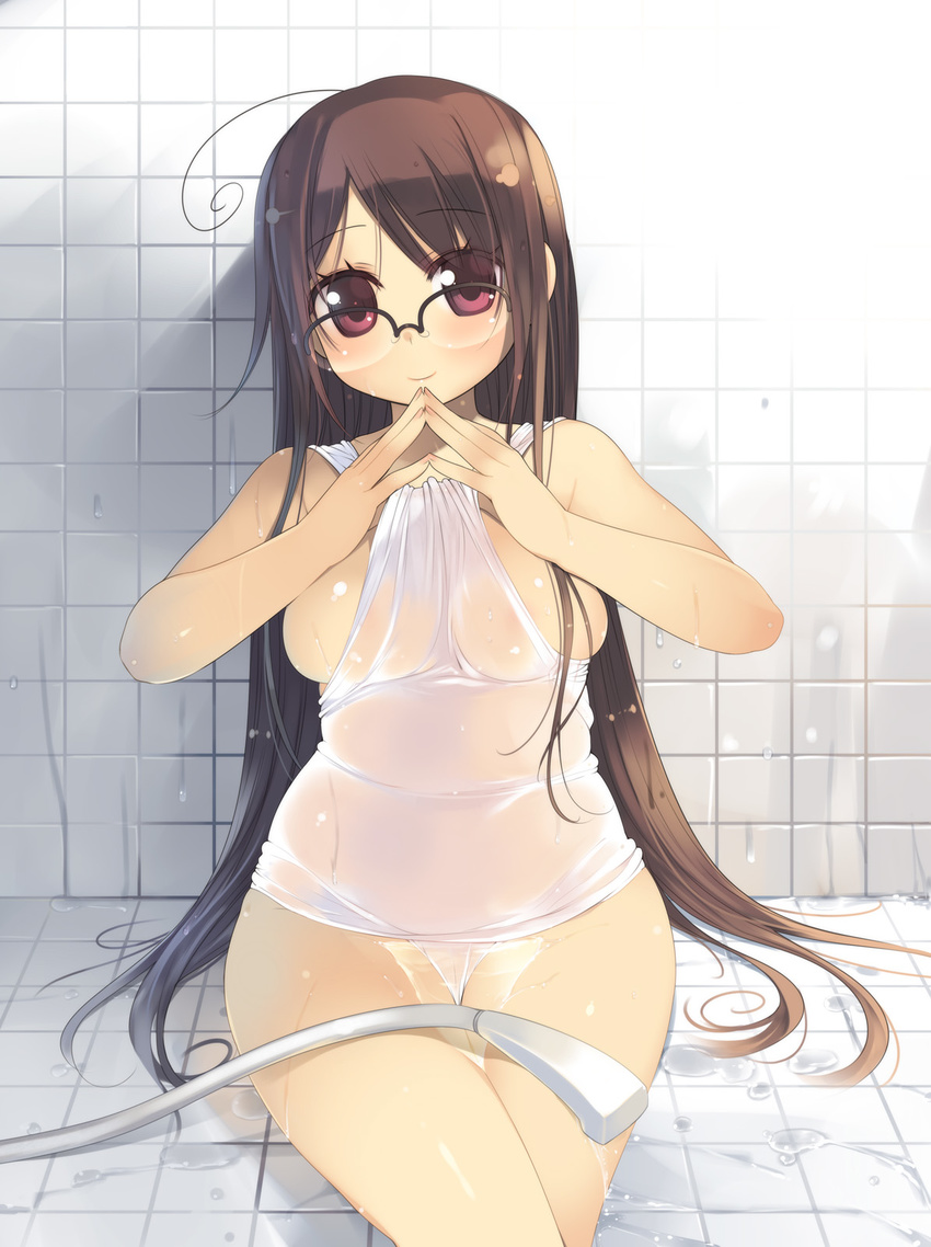 ahoge arima_senne bare_shoulders breasts brown_hair glasses highres indoors kashiwamochi_yomogi large_breasts long_hair nipples one-piece_swimsuit original plump red_eyes school_swimsuit see-through showering smile solo swimsuit tareme very_long_hair wakamezake wet white_school_swimsuit white_swimsuit