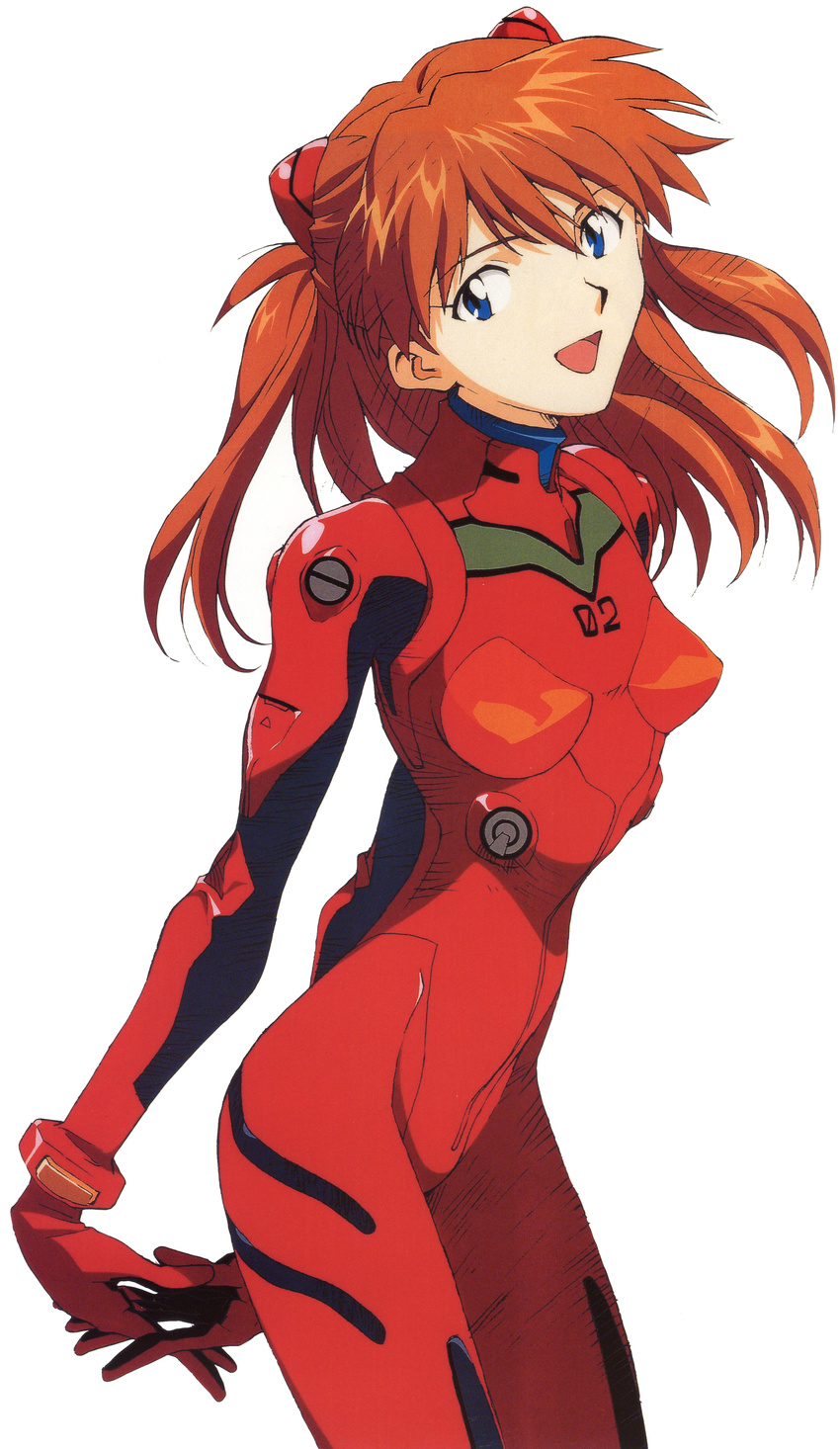 :d absurdres arms_behind_back bangs blue_eyes bodysuit bracer breasts cowboy_shot from_side gloves hair_ornament hands_clasped happy head_tilt highres honda_takeshi interlocked_fingers long_hair looking_at_viewer neon_genesis_evangelion number official_art open_mouth orange_hair own_hands_together perky_breasts pilot_suit plugsuit scan simple_background skinny small_breasts smile solo souryuu_asuka_langley turtleneck white_background