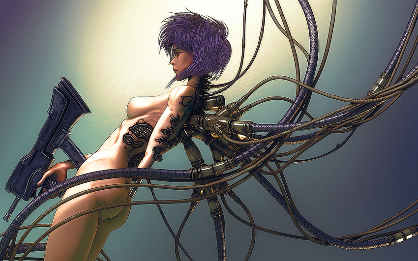 ass assault_rifle breasts cable commentary cyberpunk cyborg ghost_in_the_shell gun highres holding holding_gun holding_weapon kusanagi_motoko medium_breasts nude profile purple_hair realistic red_eyes rifle science_fiction short_hair sideboob solo wallpaper weapon wen_jr