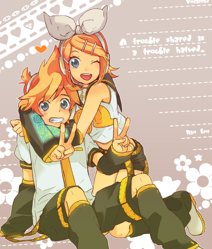 1girl bad_id bad_pixiv_id blonde_hair blue_eyes brother_and_sister hair_ornament hair_ribbon hairclip headphones hero_(dka) highres hug kagamine_len kagamine_rin one_eye_closed ribbon short_hair siblings smile twins v vocaloid