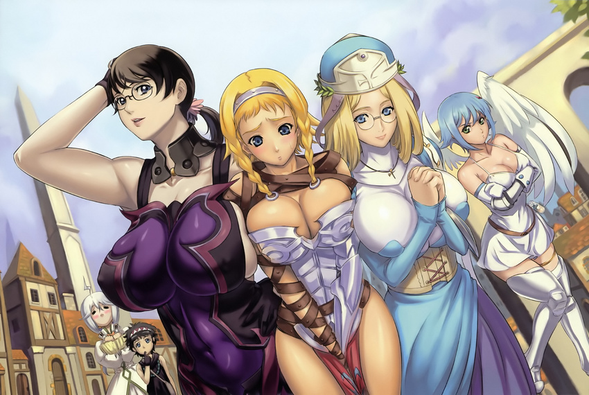 4girls age_difference angel armor bb black_hair blonde_hair blush breast_envy breasts cattleya cleavage eiwa fiotiel_shalaklard highres large_breasts leina melpha merfa mother_and_son multiple_girls nanael priestess queen's_blade queen's_blade rana sweat white_hair wings