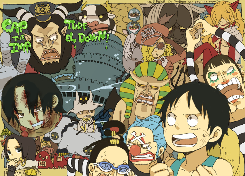 6+boys black_hair blood blue_hair blugori boa_hancock bon_clay buggy_the_clown copyright_name domino_(one_piece) earrings epaulettes galdino glasses hannyabal hat horns impel_down jewelry magellan minokoala minorhinoceros minotaurus_(one_piece) minozebra monkey_d_luffy monster multiple_boys multiple_girls nemes one_piece polearm portgas_d_ace prison_clothes sadi-chan saldeath scar trident weapon yukke