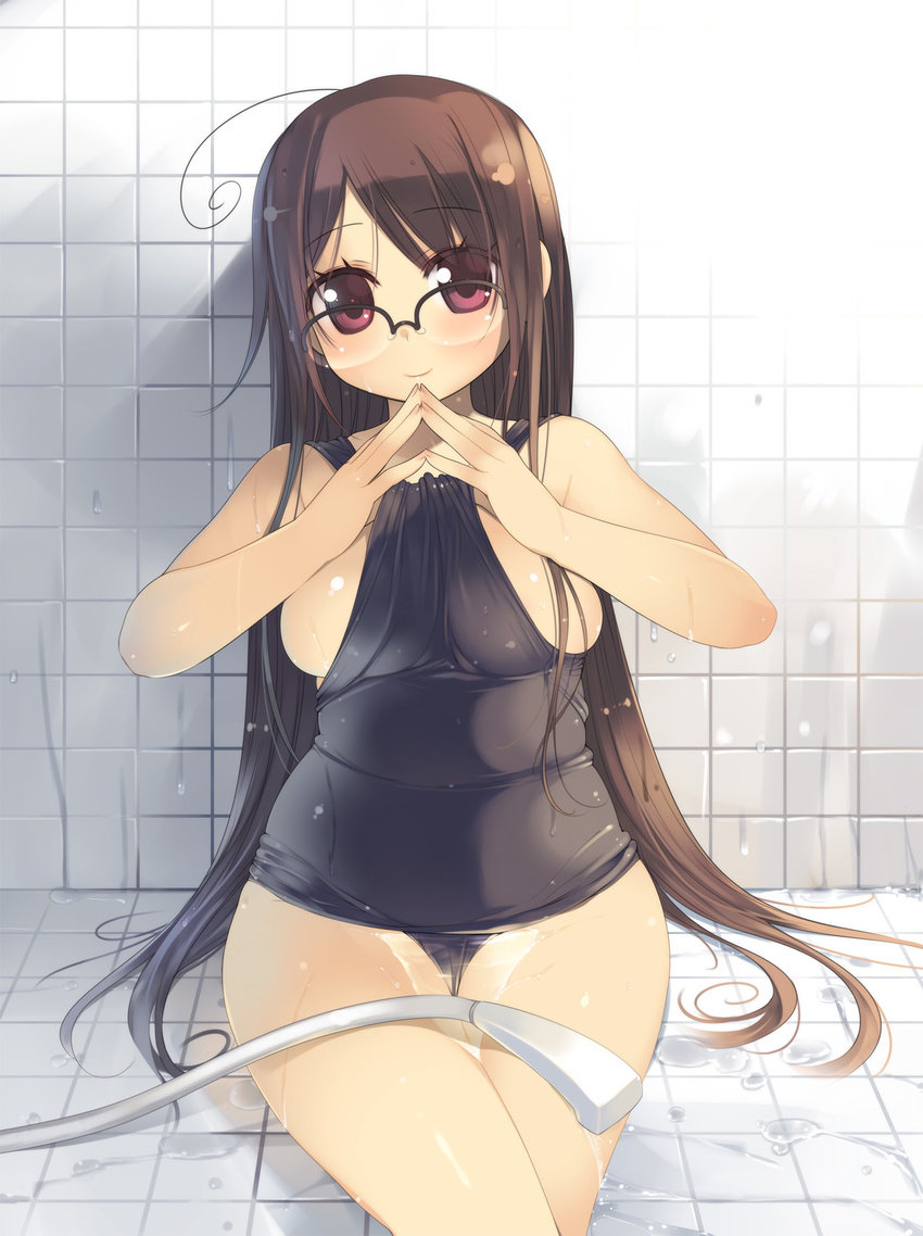 ahoge arima_senne bad_id bad_pixiv_id bare_shoulders black_school_swimsuit breasts brown_hair glasses highres kashiwamochi_yomogi large_breasts long_hair one-piece_swimsuit original plump purple_eyes red_eyes school_swimsuit showering smile solo swimsuit swimsuit_pull tareme thighs wakamezake wet