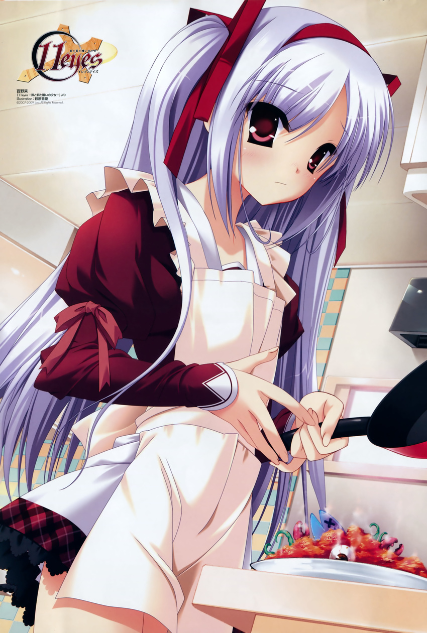 1girl absurdres apron cooking hagiwara_onsen highres long_hair momono_shiori pink_eyes purple_hair solo