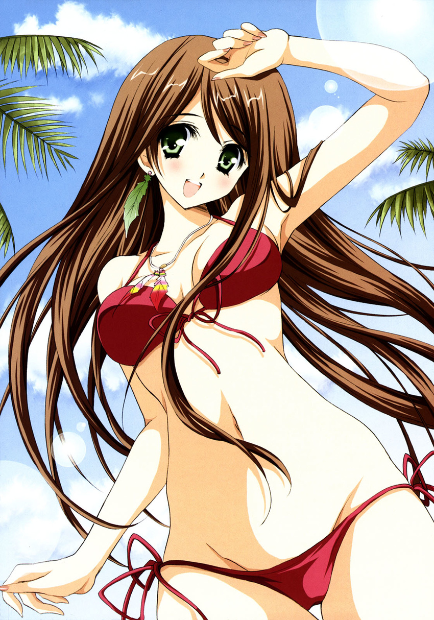 beach bikini blush bra brown_hair character_request earring green_eyes happy long_hair palm_tree swimsuit