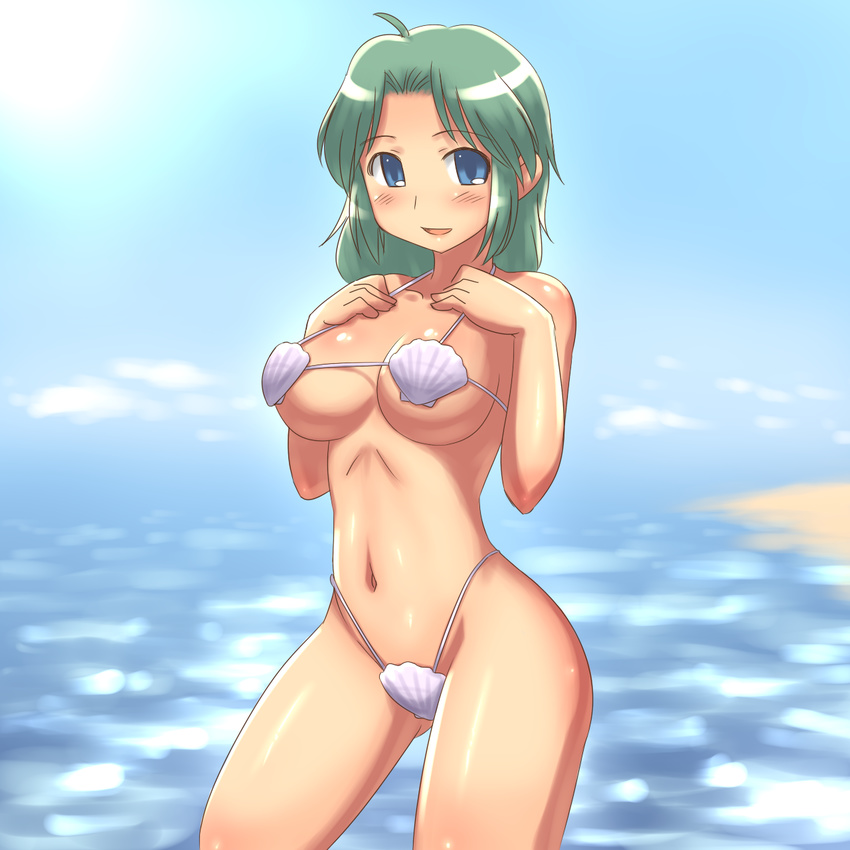 aaaa beach bikini blue_eyes breasts curvy day green_hair highres large_breasts original outdoors shell shell_bikini short_hair smile solo swimsuit underboob water