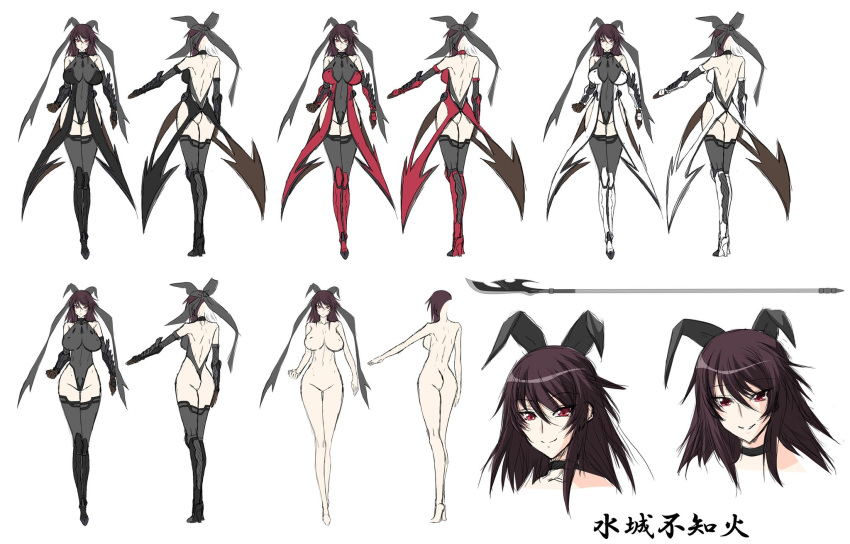 00s 1girl aoi_nagisa_(metalder) ass barefoot breasts brown_hair character_sheet curvy female full_body gloves highleg highleg_leotard highres huge_breasts leotard lilith-soft long_hair mizuki_shiranui multiple_views nude sketch smile solo taimanin_(series) taimanin_asagi taimanin_yukikaze thong_leotard weapon