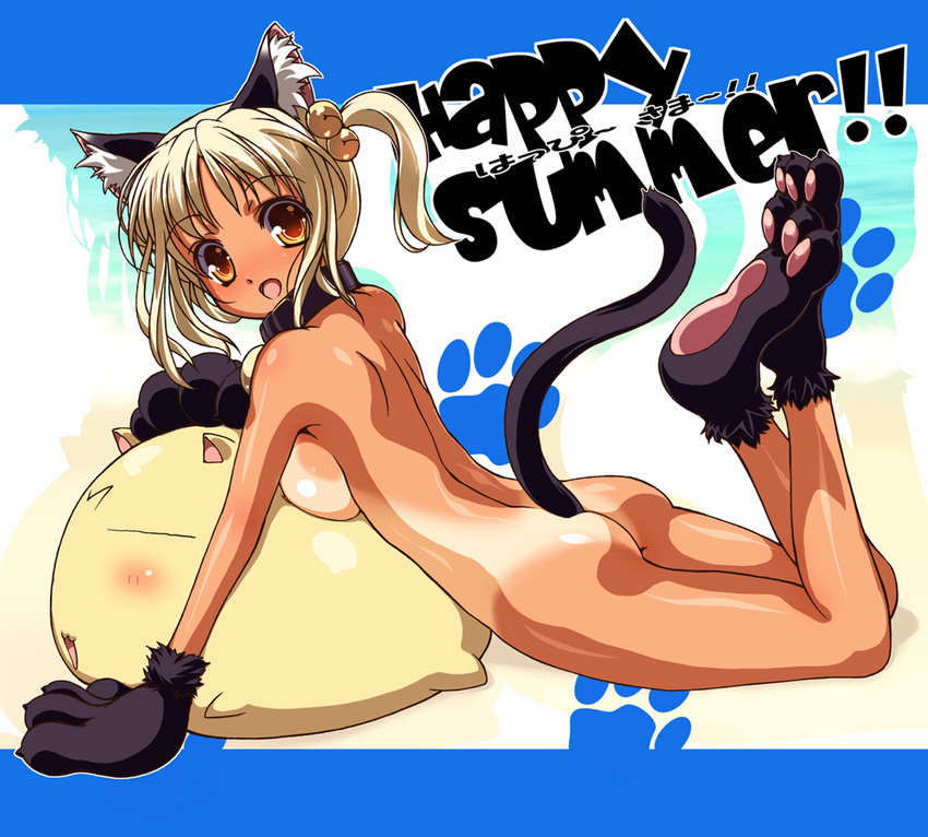 animal_ears arm_support ass back bell blonde_hair breast_press breast_rest breasts cat_ears cat_tail collar from_side hair_bobbles hair_ornament ishida_hiroyuki jingle_bell large_breasts legs_folded lying nude on_stomach one-piece_tan original paw_print paws shiny shiny_skin side_ponytail solo summer tail tan tanline yellow_eyes