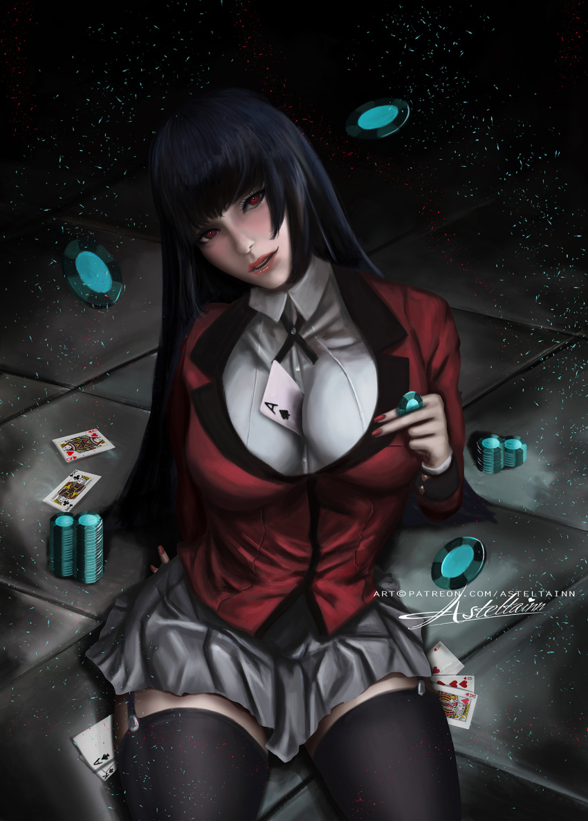 1girl alternate_legwear anastasia_(asteltainn) bangs between_breasts black_background black_hair black_legwear black_neckwear blunt_bangs breasts card collared_shirt dress_shirt grey_skirt highres hime_cut jabami_yumeko jacket kakegurui large_breasts lips long_hair looking_at_viewer open_mouth playing_card pleated_skirt poker_chip red_eyes red_jacket school_uniform shirt sitting skirt solo thighhighs tile_floor tiles white_shirt