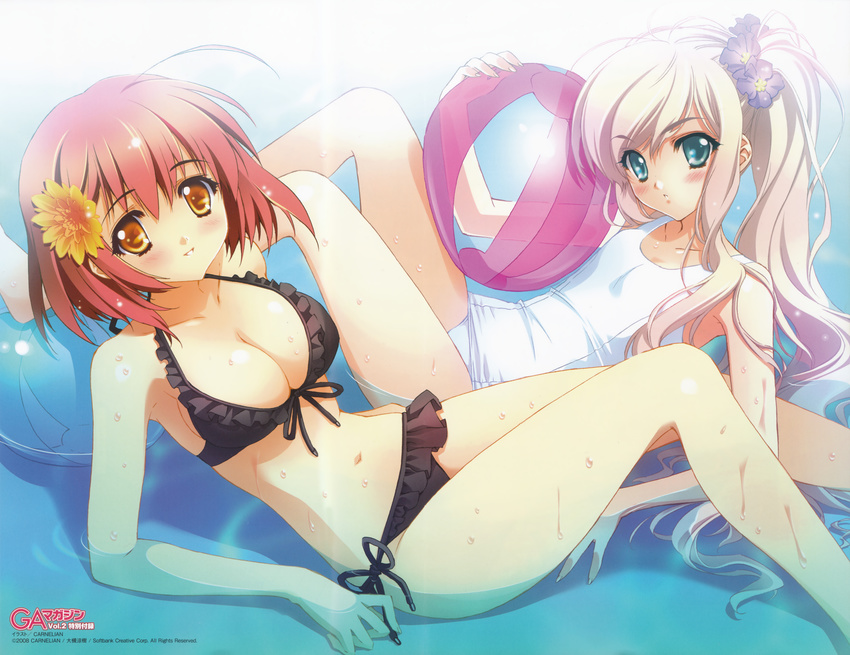 absurdres ball beachball bikini blush breasts carnelian cleavage elena_nayuta frills front-tie_top green_eyes highres huge_filesize incredibly_absurdres large_breasts long_hair multiple_girls one-piece_swimsuit red_hair scan school_swimsuit short_hair side-tie_bikini swimsuit testament_sphere water white_school_swimsuit white_swimsuit yellow_eyes