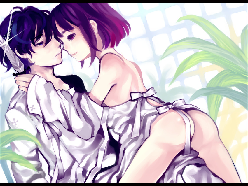 1girl ass bad_id bad_pixiv_id bare_shoulders brother_and_sister elysion frater hospital_gown knife no_panties off_shoulder purple_hair short_hair siblings soror sound_horizon tan_(tangent) undressing