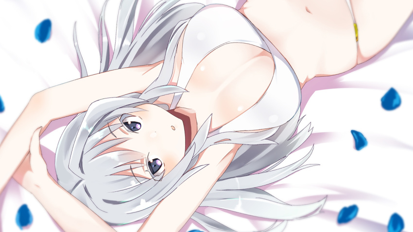 1girl :o alice_gear_aegis armpits arms_up bangs bare_arms bare_shoulders bed_sheet bikini blush breasts cleavage colored_eyelashes commentary_request eyebrows_visible_through_hair from_above hand_on_own_arm kondou_chieri large_breasts long_hair looking_at_viewer lying maze_(gochama_ze_gohan) navel on_back parted_lips petals purple_eyes silver_hair skindentation solo stomach swimsuit upper_body upskirt white_bikini