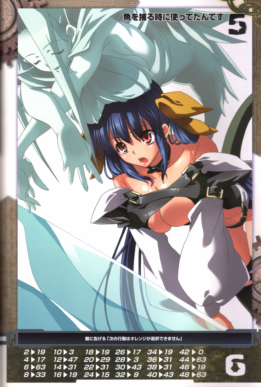 absurdres blue_hair breast_rest breasts breasts_on_head choker cleavage dizzy guilty_gear highres inoue_takumi large_breasts multiple_girls queen's_gate red_eyes thighhighs undine_(guilty_gear)