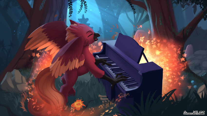 2019 avian beak black_beak day detailed_background digital_media_(artwork) discordthege eyes_closed feathered_wings feathers grass hi_res hippogryph musical_instrument open_mouth orange_feathers outside piano red_feathers smile wings
