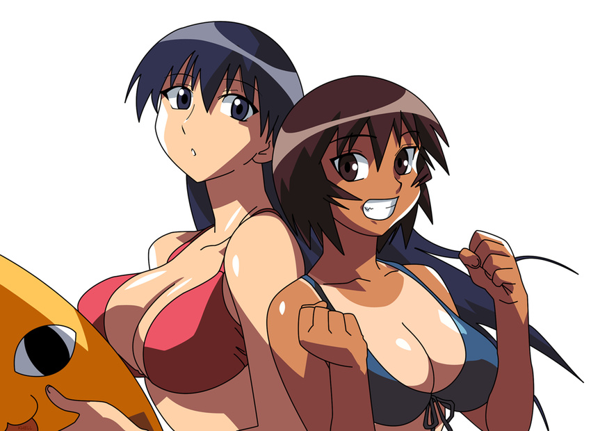 :3 azumanga_daiou back-to-back beach bikini black_eyes black_hair breast_press breasts brown_eyes brown_hair chiyo_chichi cirima cleavage clenched_hands front-tie_top grin kagura_(azumanga_daiou) large_breasts long_hair multiple_girls one-piece_tan sakaki shiny shiny_skin short_hair smile swimsuit tan tanline wind