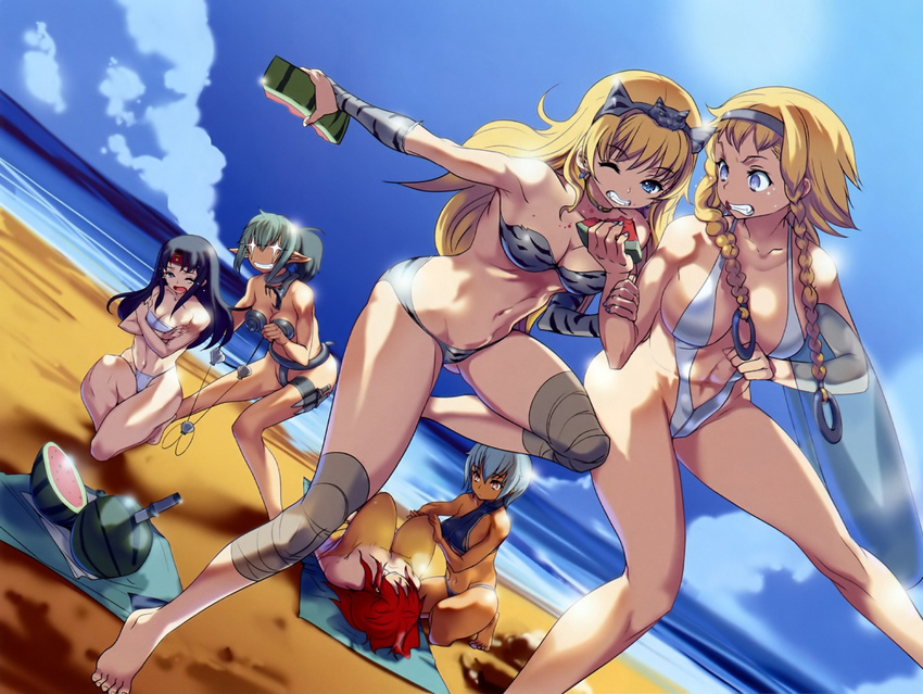 +_+ 6+girls abs akaga_hirotaka angry armpits bandeau barefoot beach bikini black_hair blonde_hair blue_eyes blue_hair blush braid breast_hold breasts choker claudette_(queen's_blade) clawdette cleavage cloud crossed_arms dark_skin dutch_angle earrings echidna elina embarrassed everyone feet food fruit fundoshi grey_hair grin hair_ornament hairband headband innertube irma jewelry jumping knee_pads kneeling knife kunai large_breasts legs leina long_hair lying multicolored_hair multiple_girls naughty_face on_back one-piece_swimsuit open_mouth outdoors pointy_ears ponytail queen's_blade queen's_blade red_eyes red_hair risty sand sarashi shell shell_bikini short_hair siblings sisters sky sleeping sling_bikini smile snake sports_bikini swimsuit tankini thigh_strap tiger_print tomoe towel tubetop twin_braids two-tone_hair underboob water watermelon weapon white_swimsuit wince wink wrist_grab