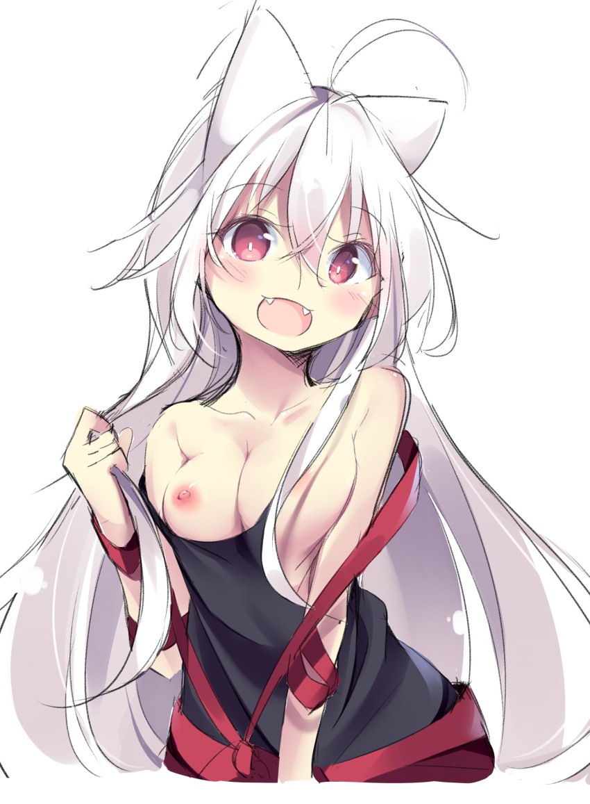 1girl absurdres ahoge animal_ears blush breasts chiya_(urara_meirochou) cleavage collarbone commentary_request fangs highres kyuukon_(qkonsan) long_hair looking_at_viewer medium_breasts open_mouth portrait red_eyes shirt silver_hair simple_background urara_meirochou white_background