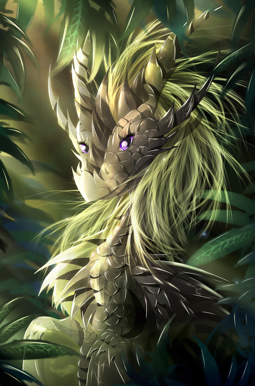 2019 black_scales digital_media_(artwork) dragon eyelashes feral green_hair hair looking_at_viewer purple_eyes scales solo telleryspyro