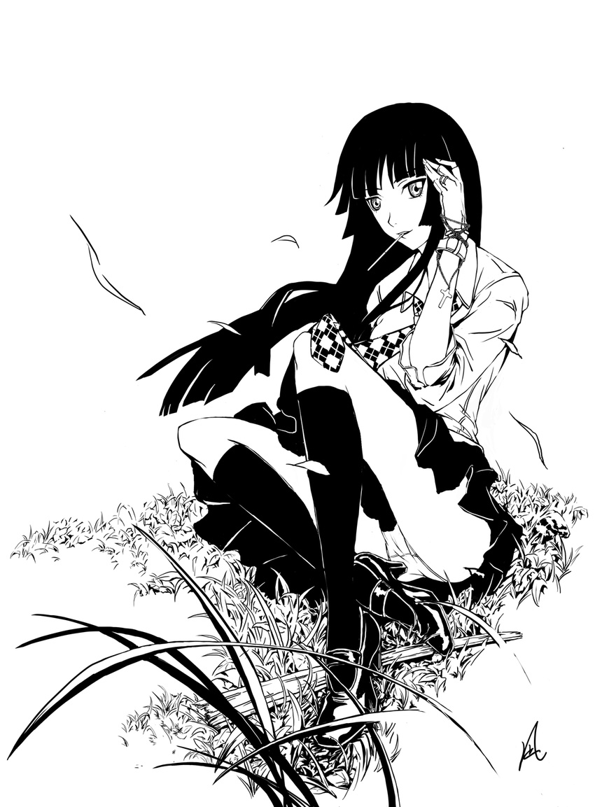 bangs black_hair blunt_bangs cross fingerless_gloves food ga-rei ga-rei_zero gloves grass greyscale highres hime_cut isayama_yomi jewelry kneehighs long_hair monochrome necktie panties pantyshot pocky ring sitting skirt socks solo togenagi_futaba underwear