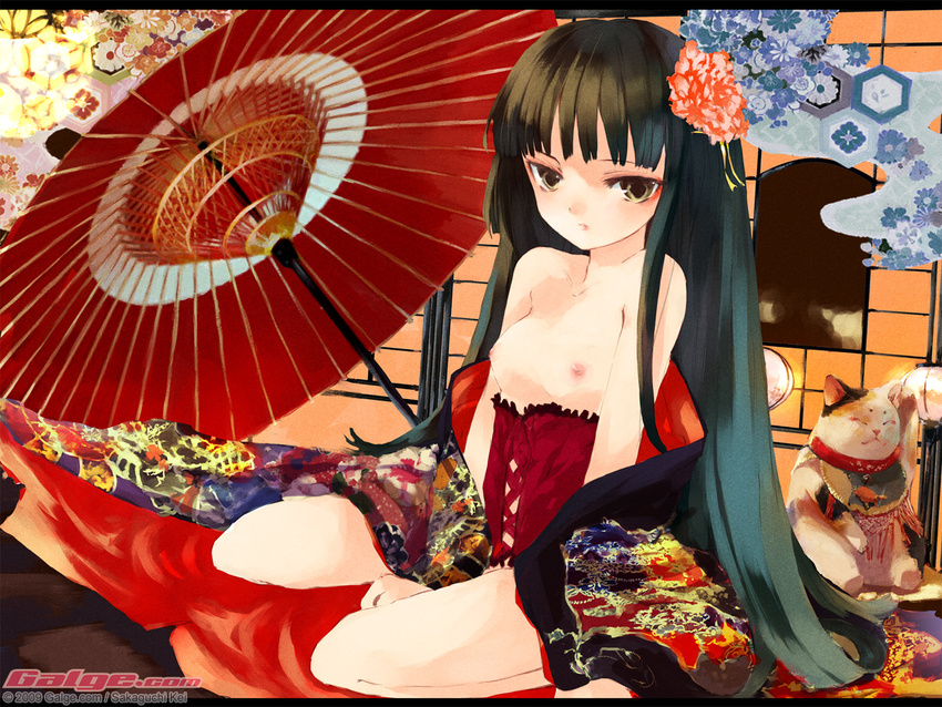 bangs black_hair blunt_bangs breasts corset face flower galge.com hexagon japanese_clothes kimono letterboxed long_hair nipples oriental_umbrella shunsei_(muratou) small_breasts solo topless umbrella wallpaper watermark