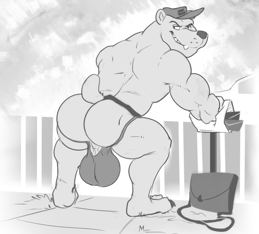 anthro big_bulge bulge butt clothing greyscale hat hewge jockstrap looking_back male mammal monochrome muscular muscular_male polar_bear smile solo standing underwear ursid ursine