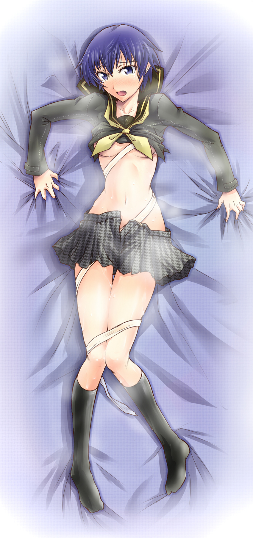 absurdres bandages bed bed_sheet blue_eyes blue_hair blush breasts highres legs lying midriff open_mouth persona persona_4 school_uniform segami_daisuke sheet_grab shirogane_naoto shirt_lift short_hair skirt small_breasts smell socks solo sweat tears underboob undressing
