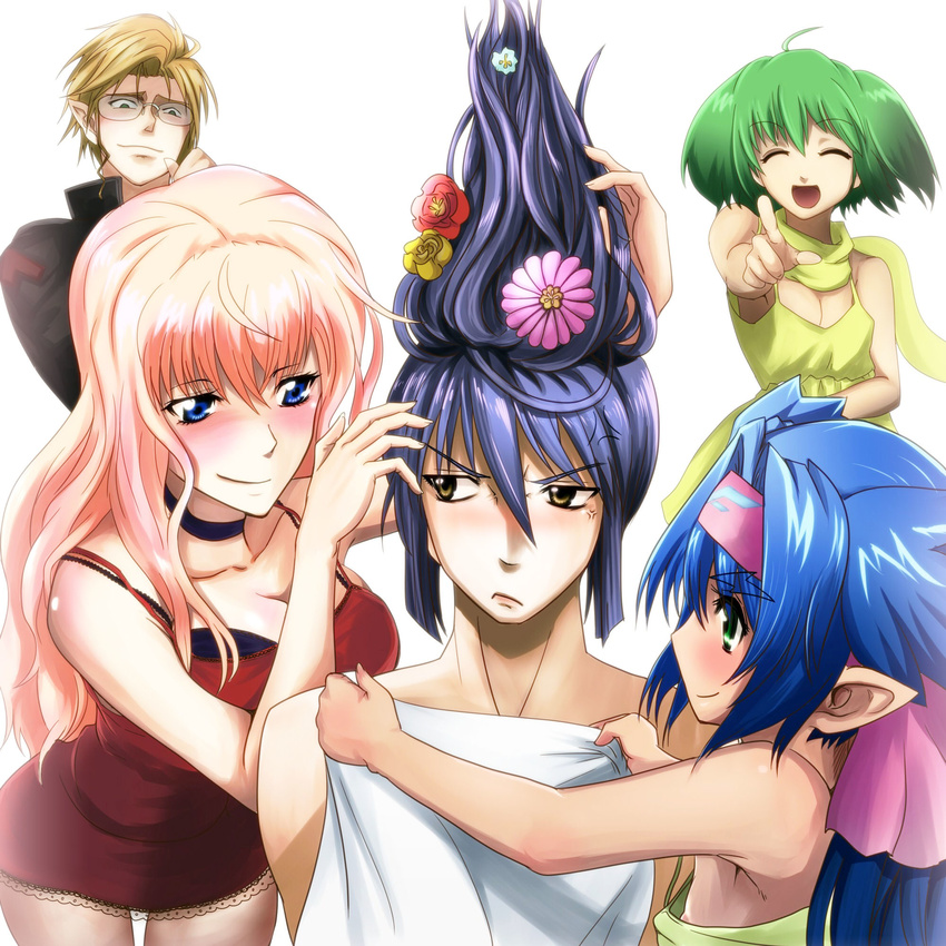 3girls alternate_hairstyle blush highres klan_klein koyama_(gantz0409jp) laughing macross macross_frontier mikhail_buran multiple_boys multiple_girls pointing ranka_lee saotome_alto sheryl_nome shouten_pegasus_mix_mori