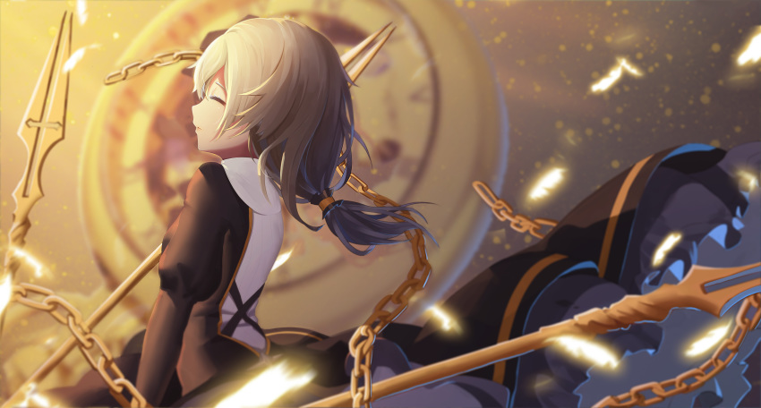 1girl absurdres bangs blurry blurry_background blush breasts chains clock cross_(weapon) dress estcc eyebrows_visible_through_hair eyes_closed feathers from_side gold habit hair_between_eyes hair_ornament highres holding holding_spear holding_weapon honkai_(series) honkai_impact_3 juliet_sleeves long_hair long_sleeves low_ponytail nun parted_lips polearm puffy_sleeves silver_hair small_breasts solo spear theresa_apocalypse weapon wind wind_lift