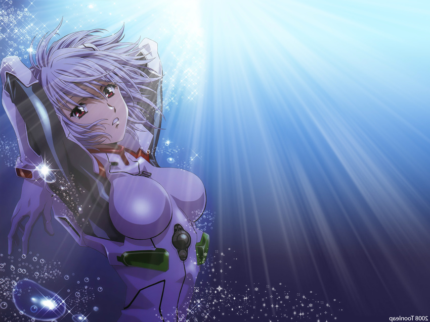 arms_behind_back arms_behind_head arms_up ayanami_rei blue_hair bodysuit bubble duplicate highres kawarajima_kou mirror_writing neon_genesis_evangelion plugsuit red_eyes reversed short_hair solo sparkle sunlight underwater wallpaper white_bodysuit