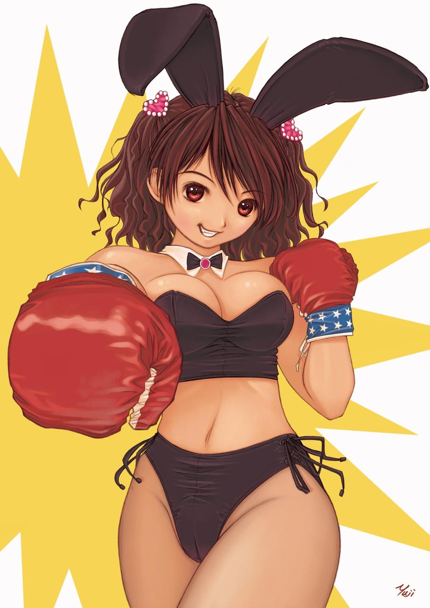 1girl animal_ears boxing boxing_gloves breasts brown_hair bustier cameltoe copyright_request curly_hair fishnet_pantyhose fishnets grin hair_ornament hairclip heart highres kobayashi_yuuji large_breasts lingerie midriff pantyhose rabbit_ears rabbit_girl red_eyes short_hair smile solo underwear wide_hips