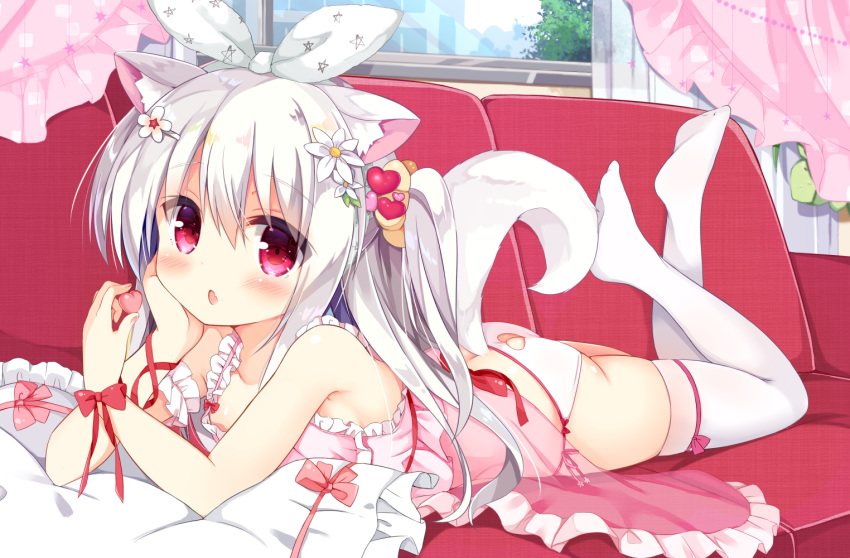 1girl animal_ear_fluff animal_ears ass babydoll bare_shoulders blush bow collarbone commentary_request couch curtains day dog_ears dog_girl dog_tail fang fingernails flower hair_flower hair_ornament hair_ribbon hairclip heart heart_hair_ornament holding holding_heart indoors koinu-chan kujou_danbo legs_up looking_at_viewer lying no_shoes on_couch on_stomach original panties parted_lips pink_babydoll red_bow red_ribbon ribbon soles solo tail thighhighs underwear underwear_only white_flower white_legwear white_panties white_ribbon window