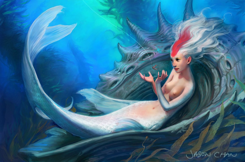 asian breasts copyright_request fins fishing fishing_hook floating_hair jason_chan lips long_hair lying medium_breasts mermaid monster_girl multicolored_hair navel nipples nude on_back reclining scales seashell seaweed shell solo source_request underwater white_hair worms