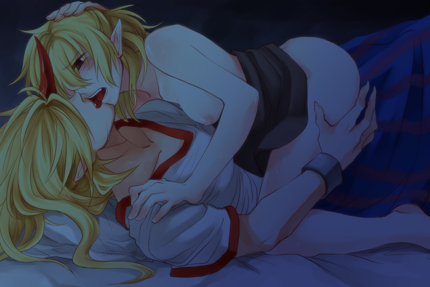 bad_id bad_pixiv_id bed blonde_hair blush bottomless breasts cuffs girl_on_top hair_over_eyes horn hoshiguma_yuugi large_breasts medium_breasts mizuhashi_parsee multiple_girls pointy_ears rex_k shackles topless touhou yuri