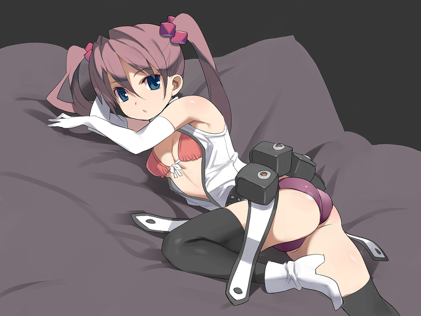 ass bed belt bikini_top blue_eyes boots breasts elbow_gloves front-tie_top gloves long_hair lying medium_breasts nora_higuma original panties pink_hair solo thighhighs twintails underwear