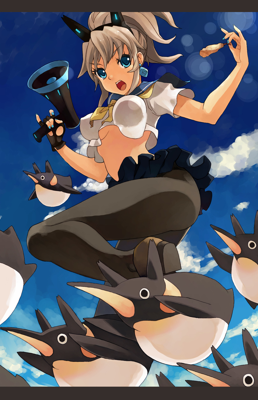 ass bad_id bad_pixiv_id bird blonde_hair blue_eyes blue_nails breasts cloud crop_top day earrings fingerless_gloves flying gloves highres jewelry legs lens_flare medium_breasts megaphone midriff nail_polish open_mouth original pantyhose penguin penguin_caee ponytail school_uniform short_hair shrimp skirt sky solo underboob