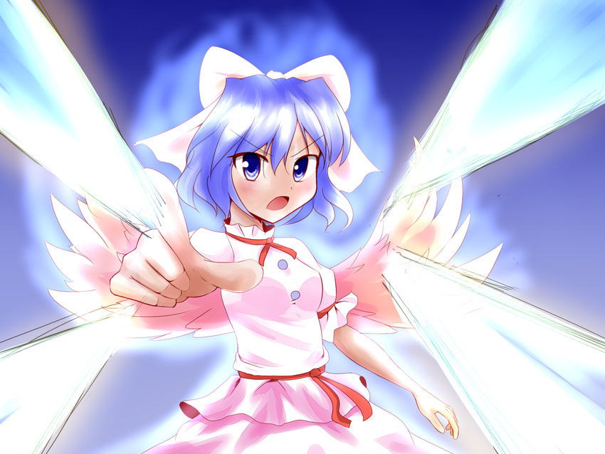 angry aura beam blue_eyes blue_hair bow foreshortening hair_bow highres mai_(touhou) pointing ribbon short_hair solo touhou touhou_(pc-98) uniyon wings