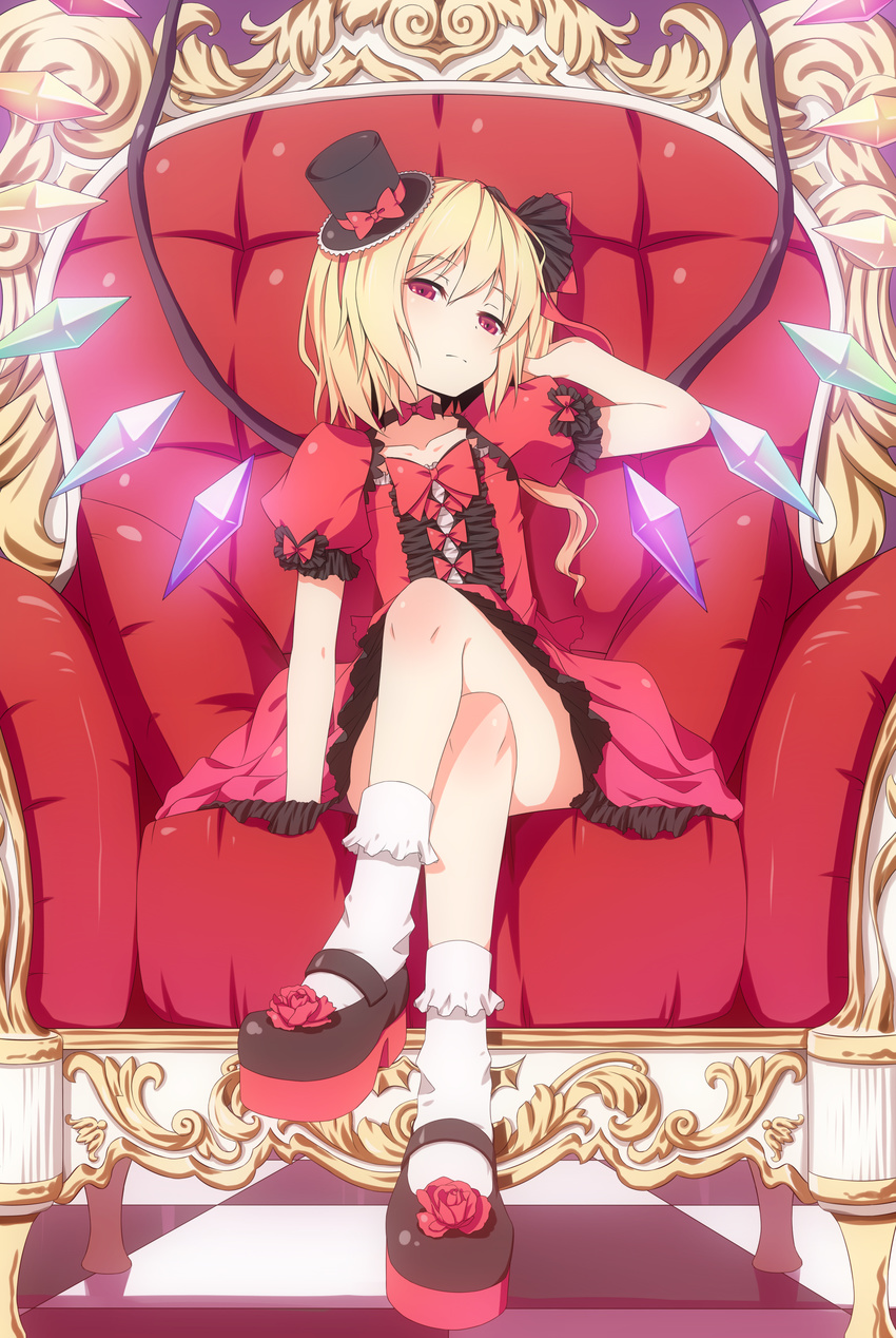absurdres adjusting_hair alternate_costume armchair blonde_hair bobby_socks bow bowtie chair checkered checkered_floor closed_mouth crossed_legs dinyc dress flandre_scarlet glowing gothic_lolita hat highres legs lolita_fashion mary_janes mini_hat mini_top_hat perspective platform_footwear platform_heels ponytail red_eyes shoes short_hair side_ponytail sitting socks solo throne top_hat touhou wings