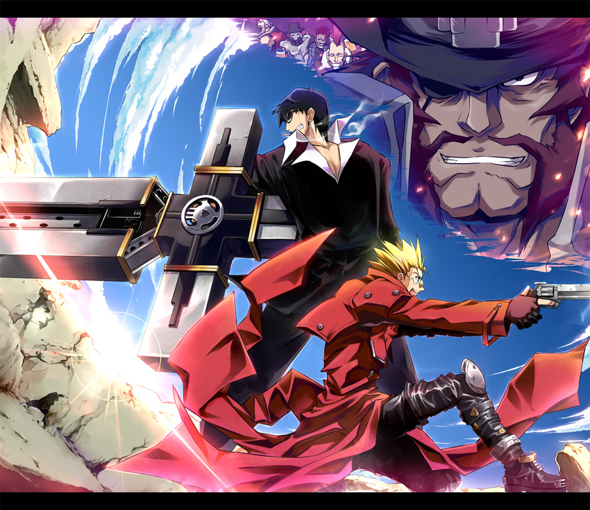 cross_punisher eyepatch gasback gun hat hinooka_shuuji male_focus multiple_boys nicholas_d_wolfwood smoking sunglasses trigun trigun:_badlands_rumble vash_the_stampede weapon