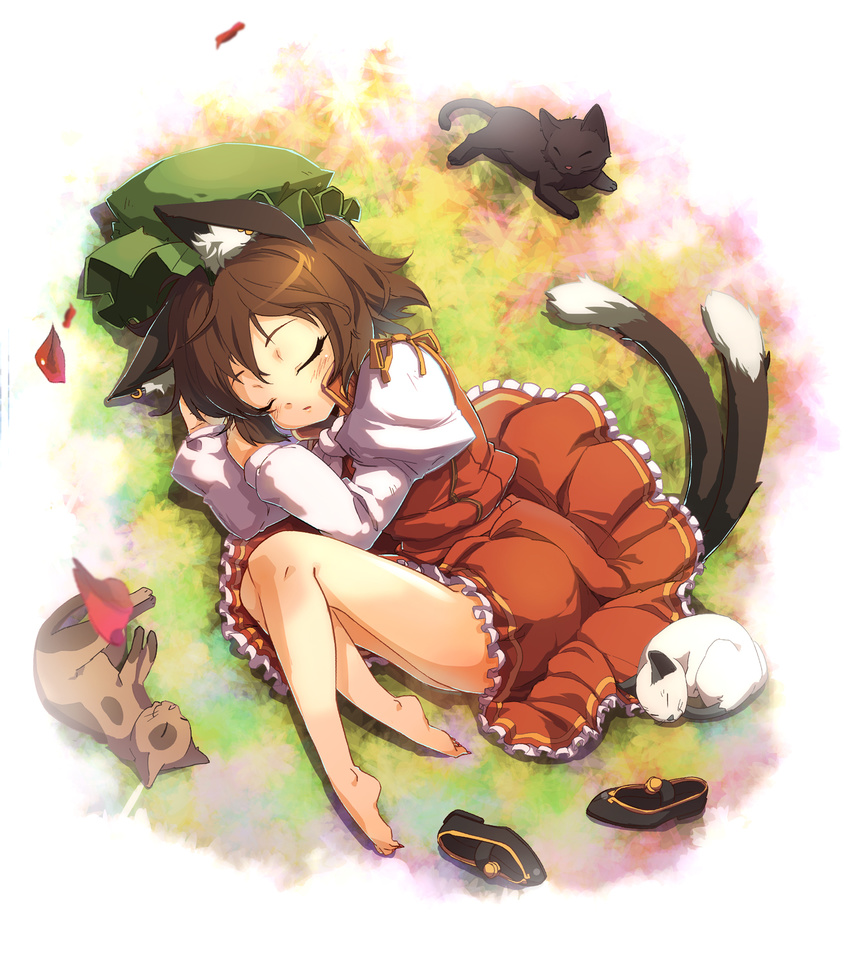 animal_ears bare_legs barefoot brown_hair cat cat_ears cat_tail chen earrings feet fetal_position from_above hat highres im_(badmasa) jewelry legs long_toenails lying multiple_tails nail_polish plantar_flexion shoes shoes_removed short_hair sleeping solo tail toenail_polish toenails touhou